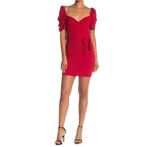 Max +Ash Mini Dress Wrap Surplice Puffy Short Sleeve Dress red S